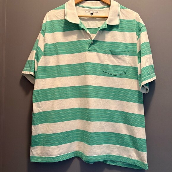 SADDLEBRED Other - Saddlebred Polo Shirt Mens 2XL White Green Striped Short Sleeve Pocket